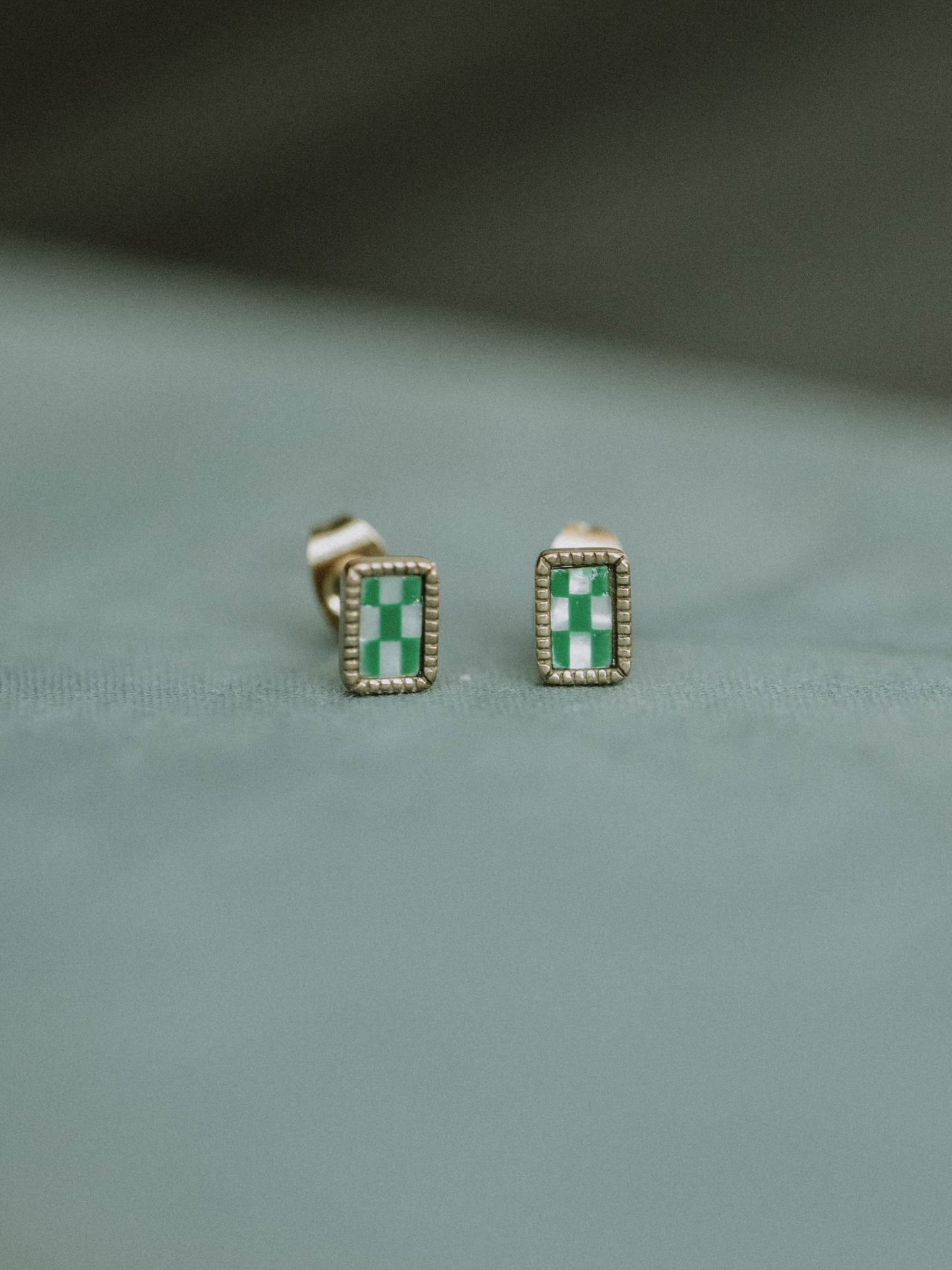 Green Checkered Studs Earrings- Silver