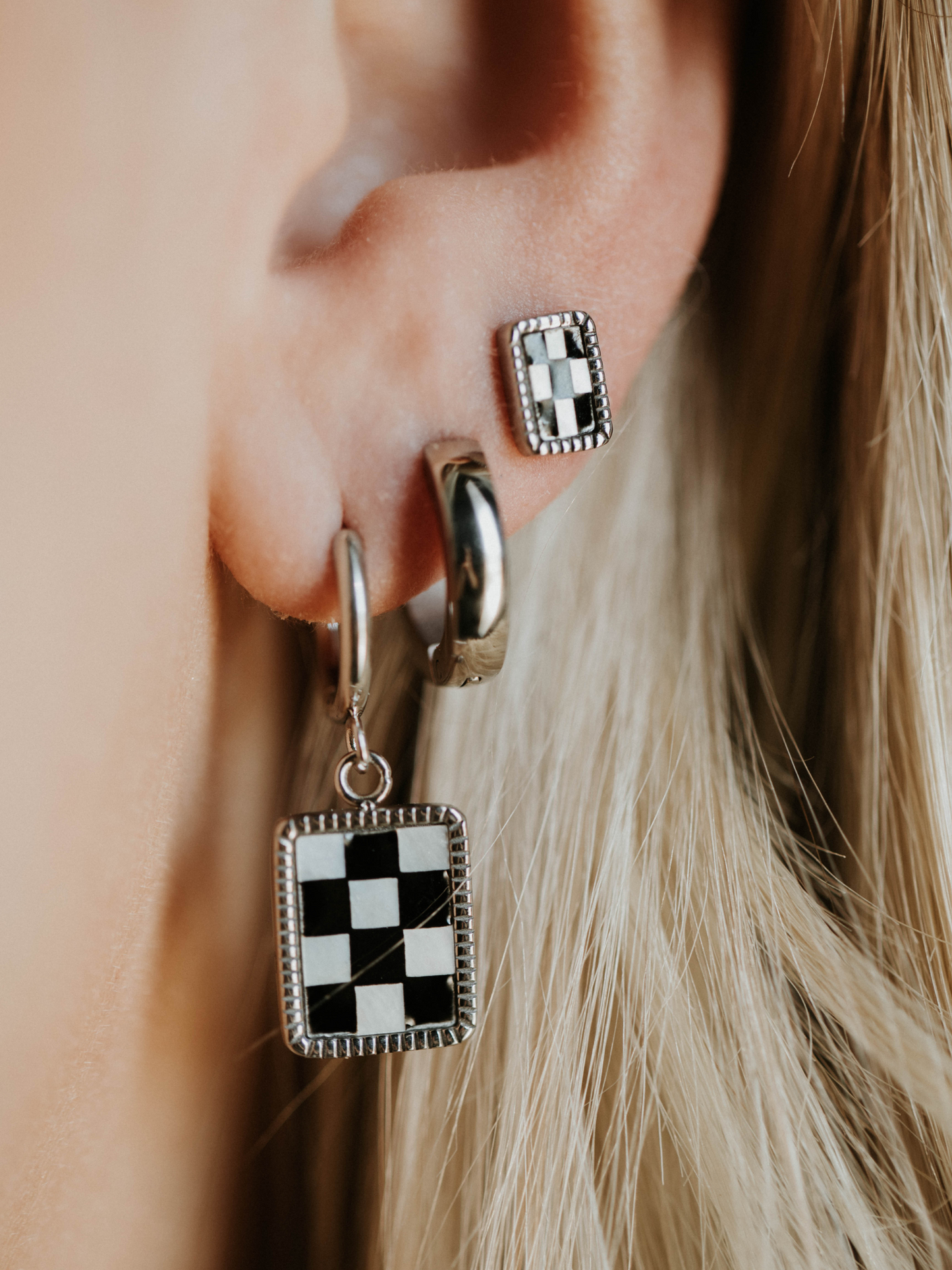 B&W Checkered Hoops Earrings - Silver