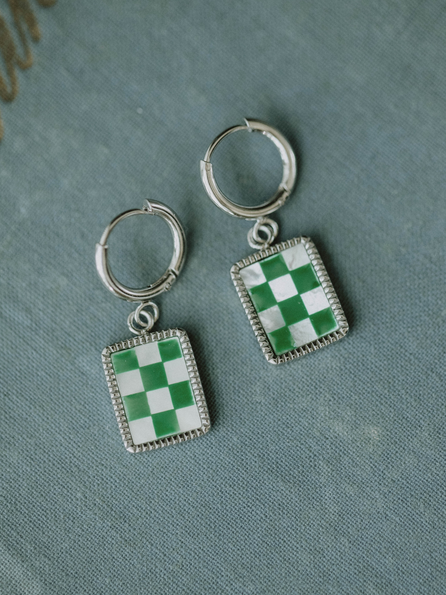 Green Checkered Hoops Earrings- Silver