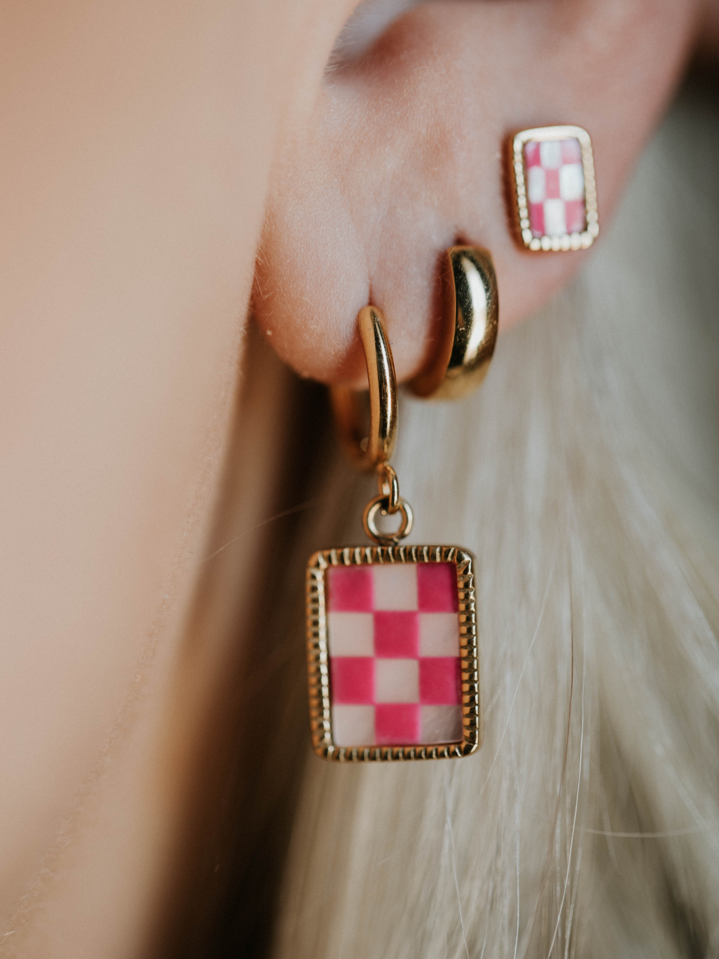 Barbie Pink Checkered Hoops Earrings (18k gold)