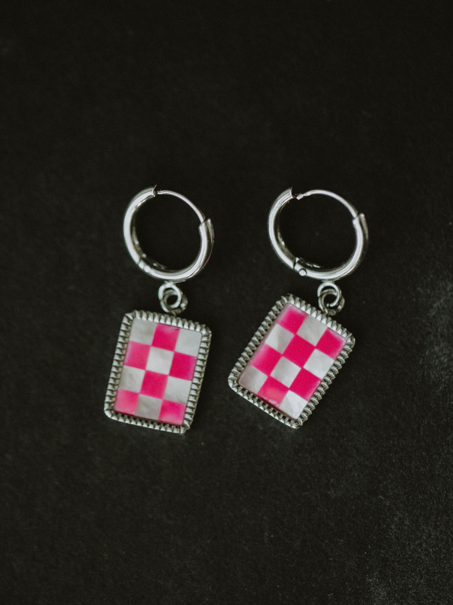 Barbie Pink Checkered Hoops Earrings - Silver