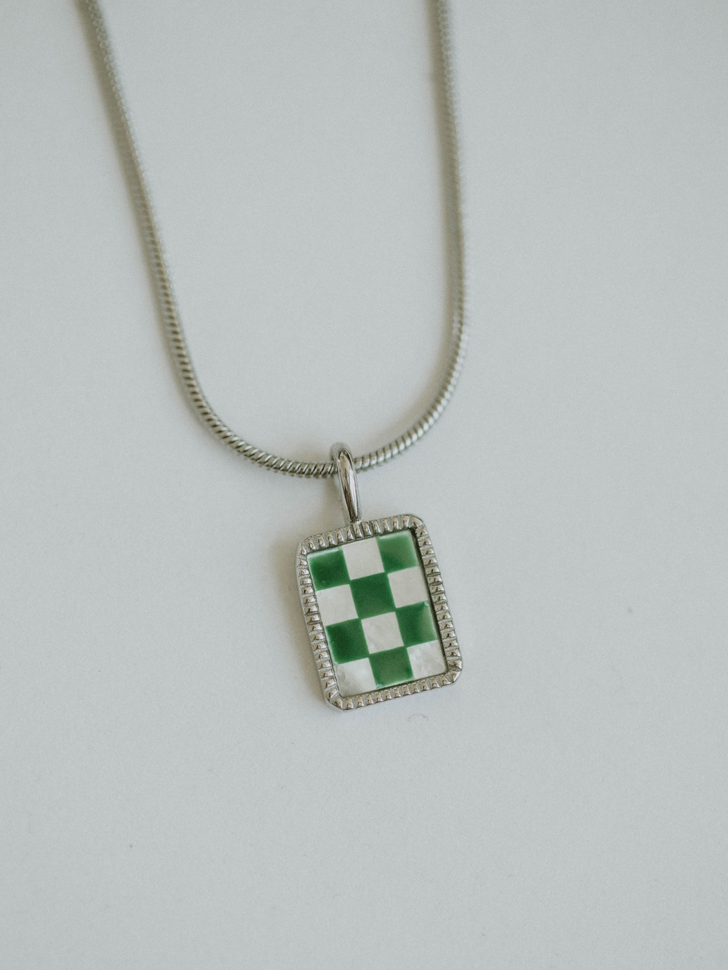 Green Checkered Necklace - Silver