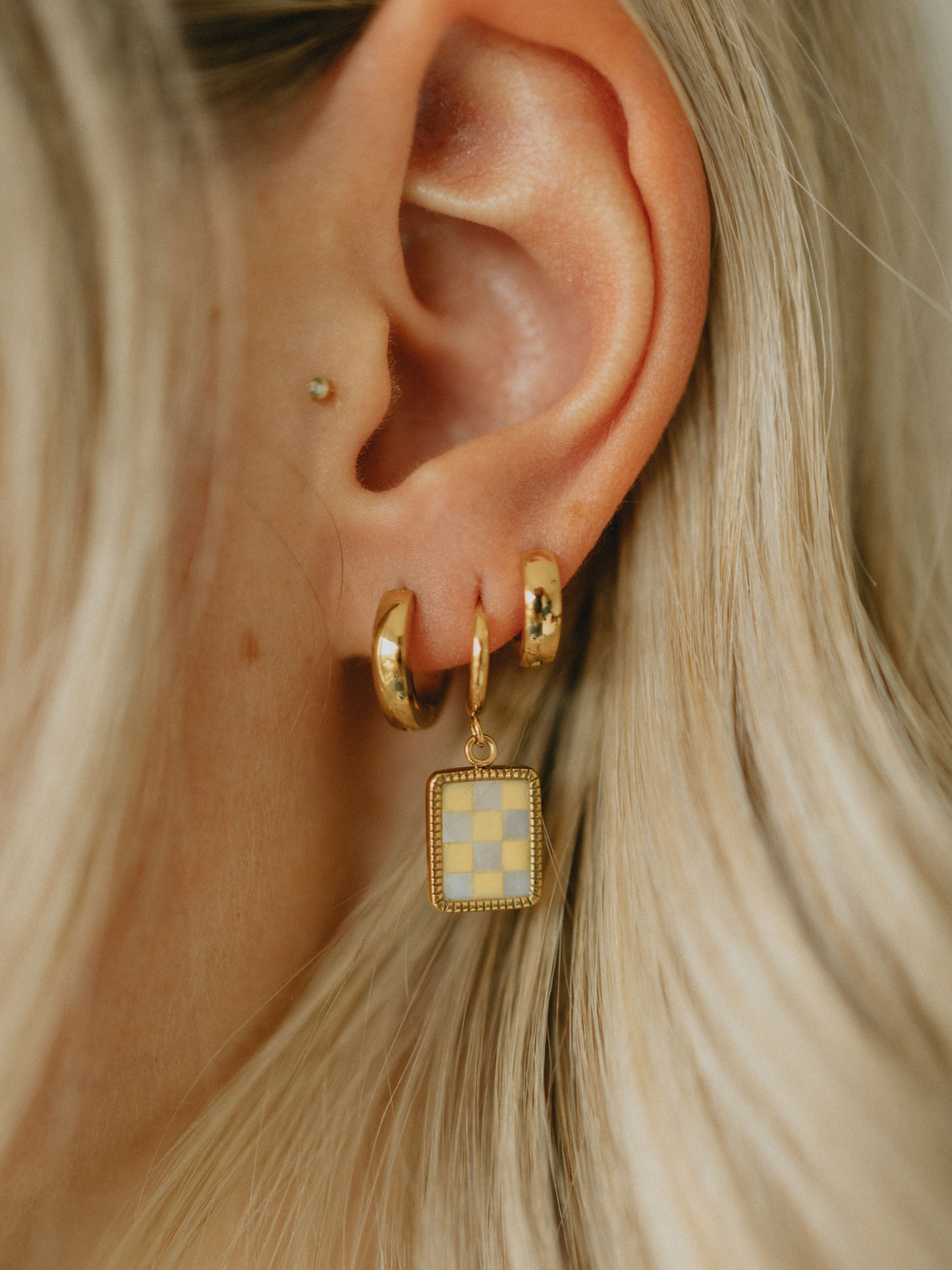 Yellow Checkered Hoops (18k Gold)