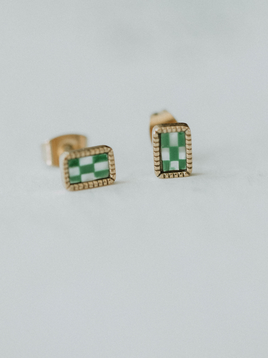 Green Checkered Studs Earrings (18k gold)