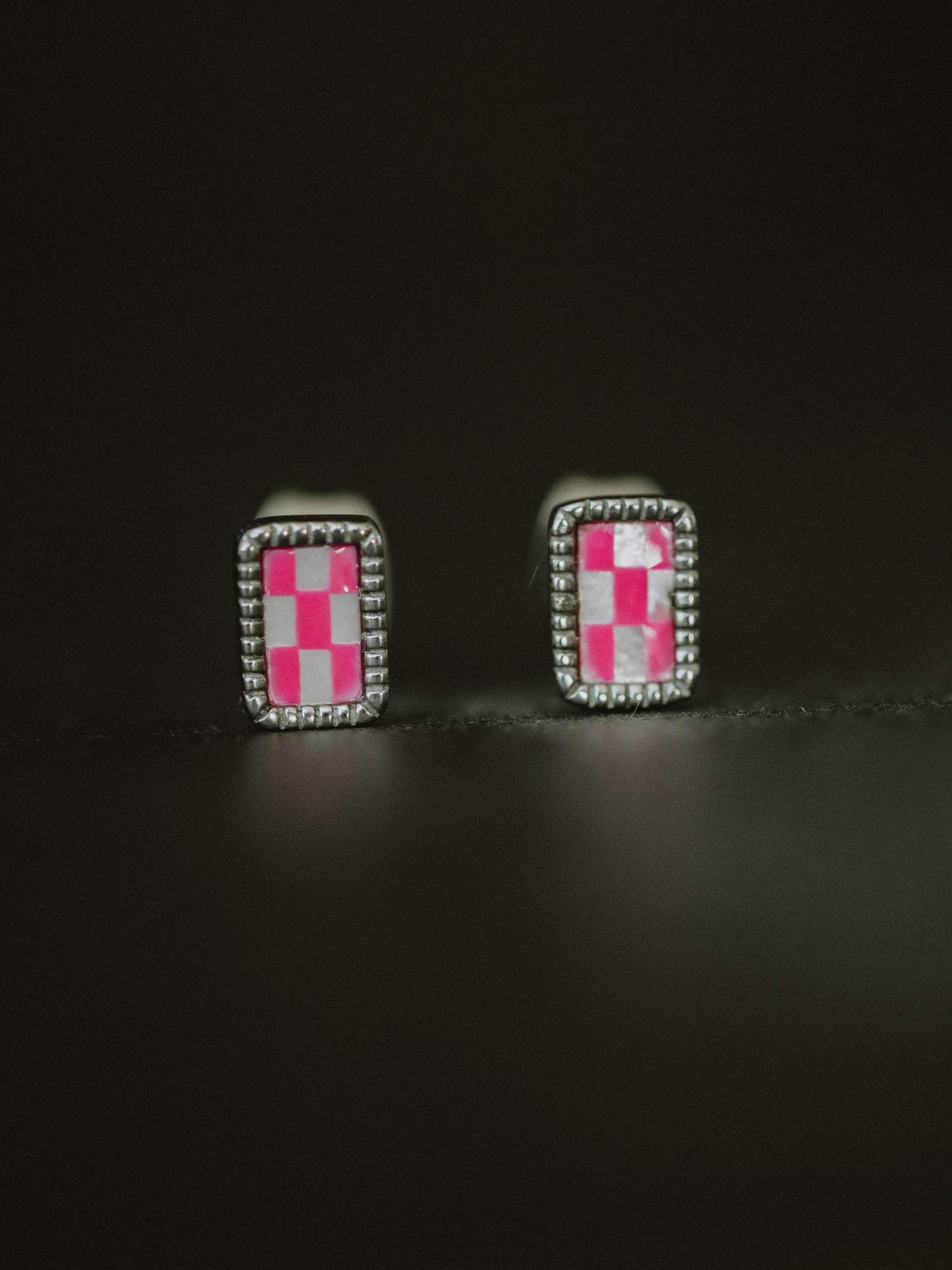 Barbie Pink Checkered Studs Earrings - Silver