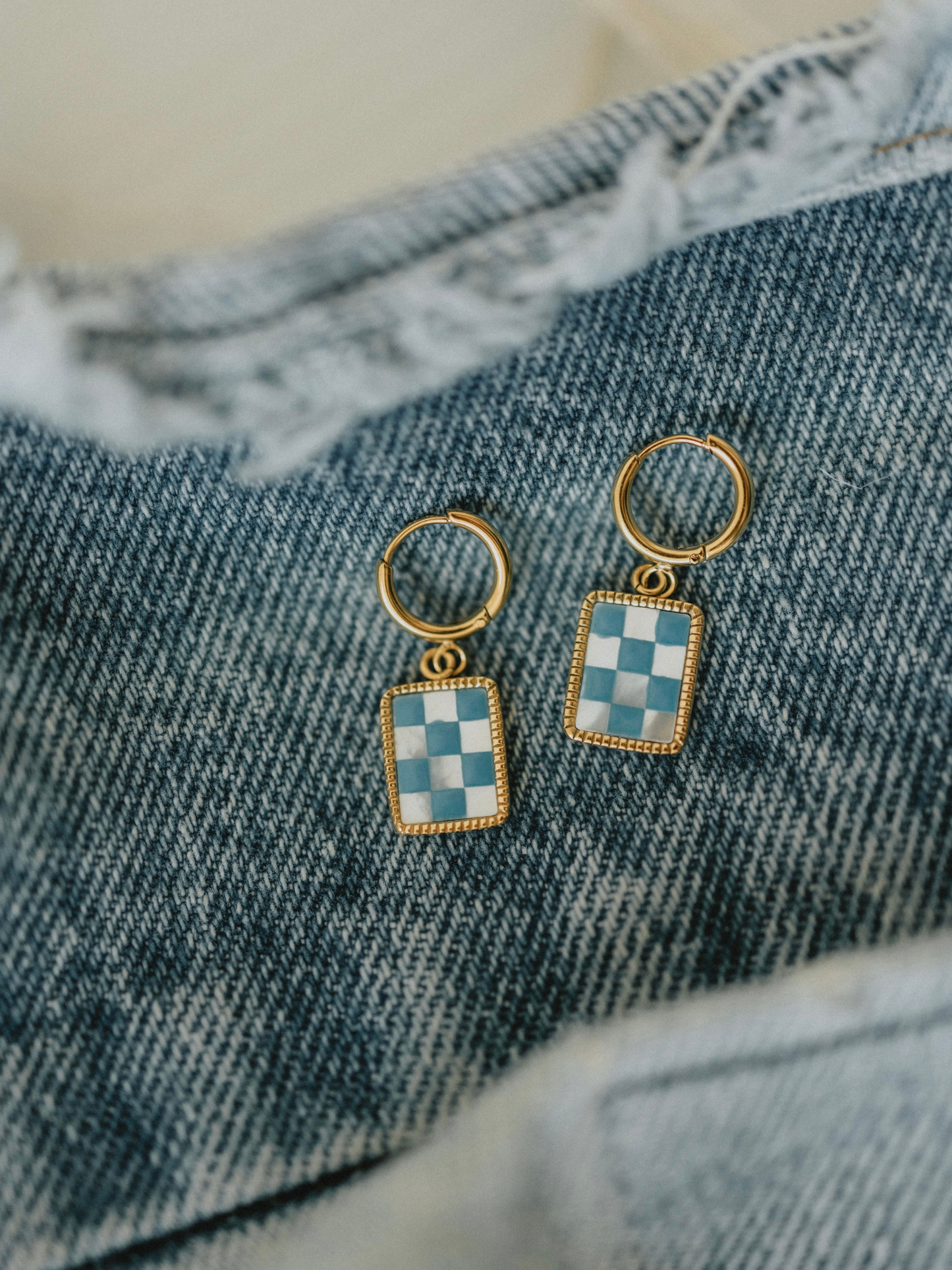 Blue Checkered Hoops (18k gold)