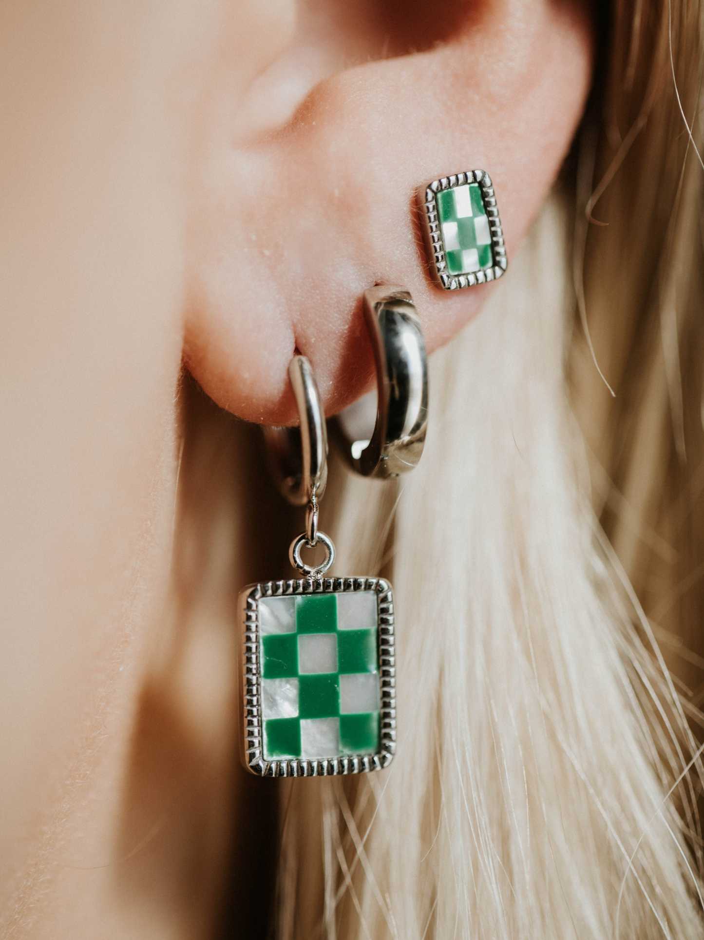 Green Checkered Hoops Earrings- Silver