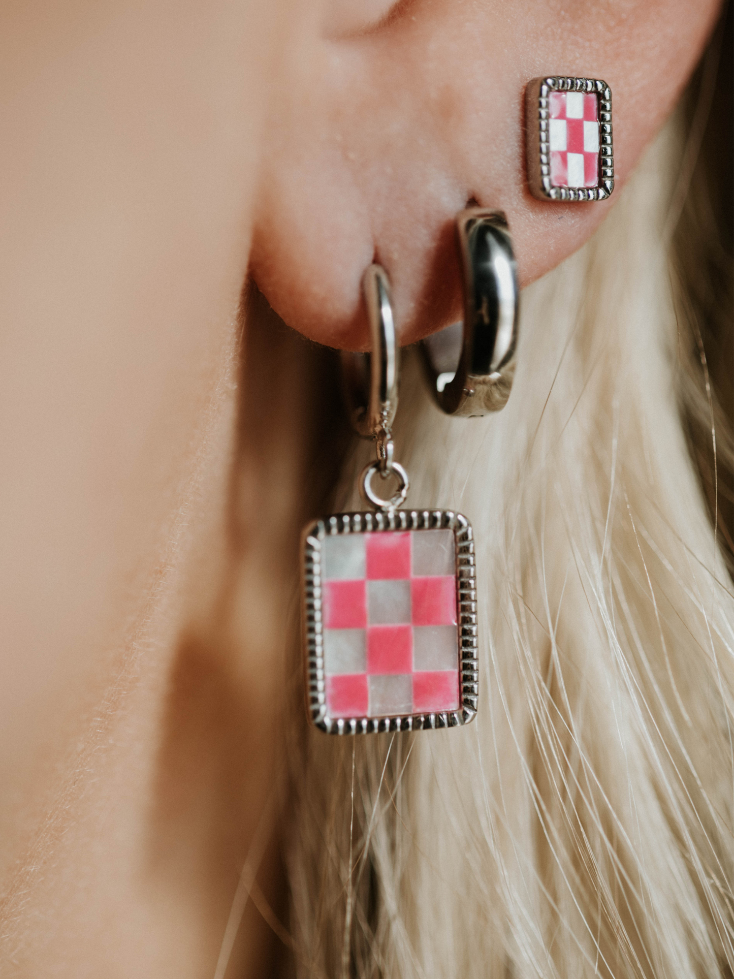 Barbie Pink Checkered Studs Earrings - Silver