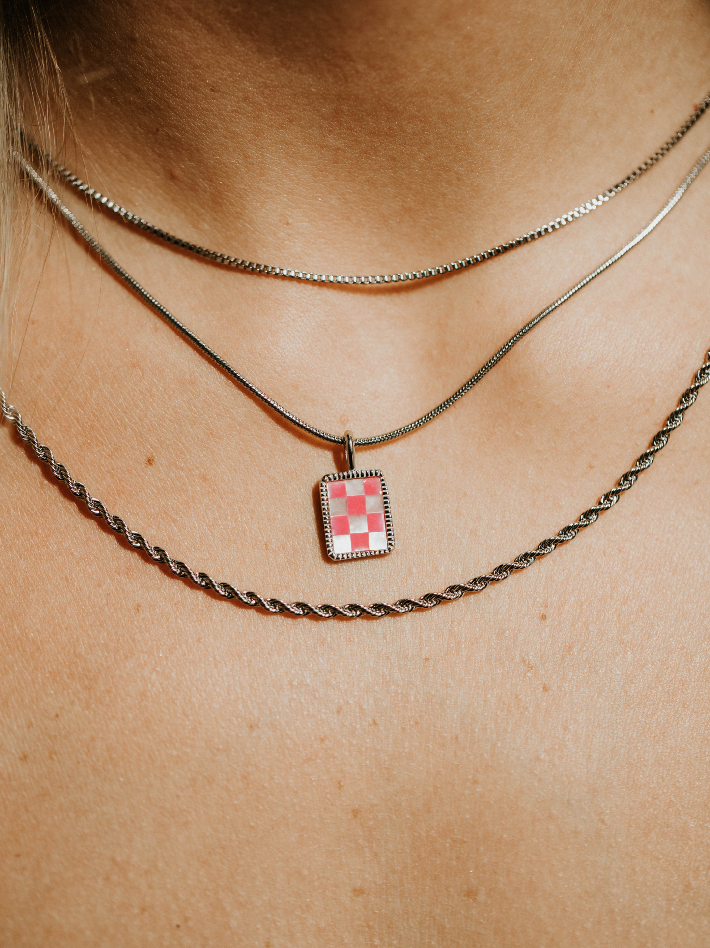 Barbie Pink Checkered Necklace - Silver