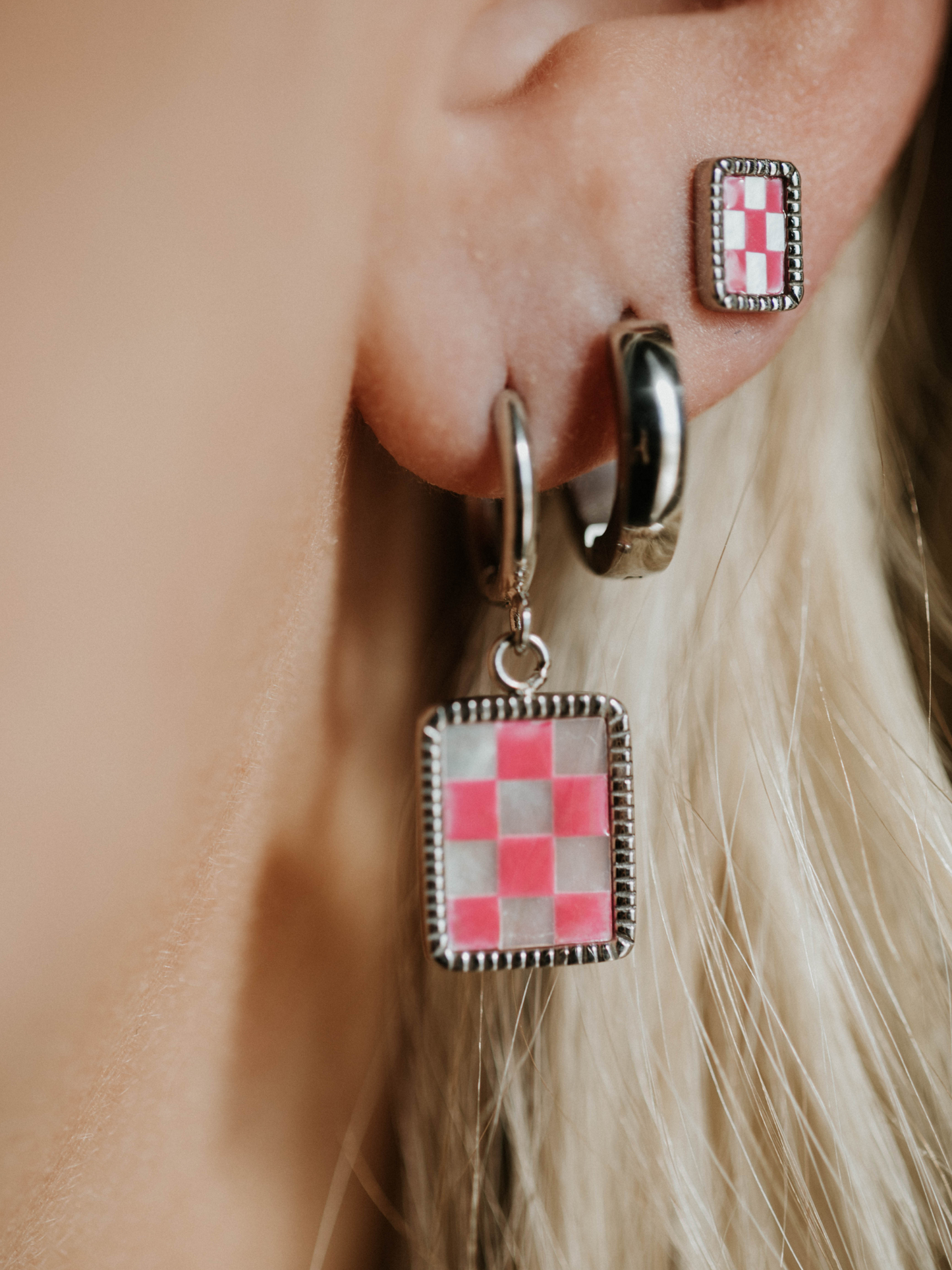 Barbie Pink Checkered Hoops Earrings - Silver