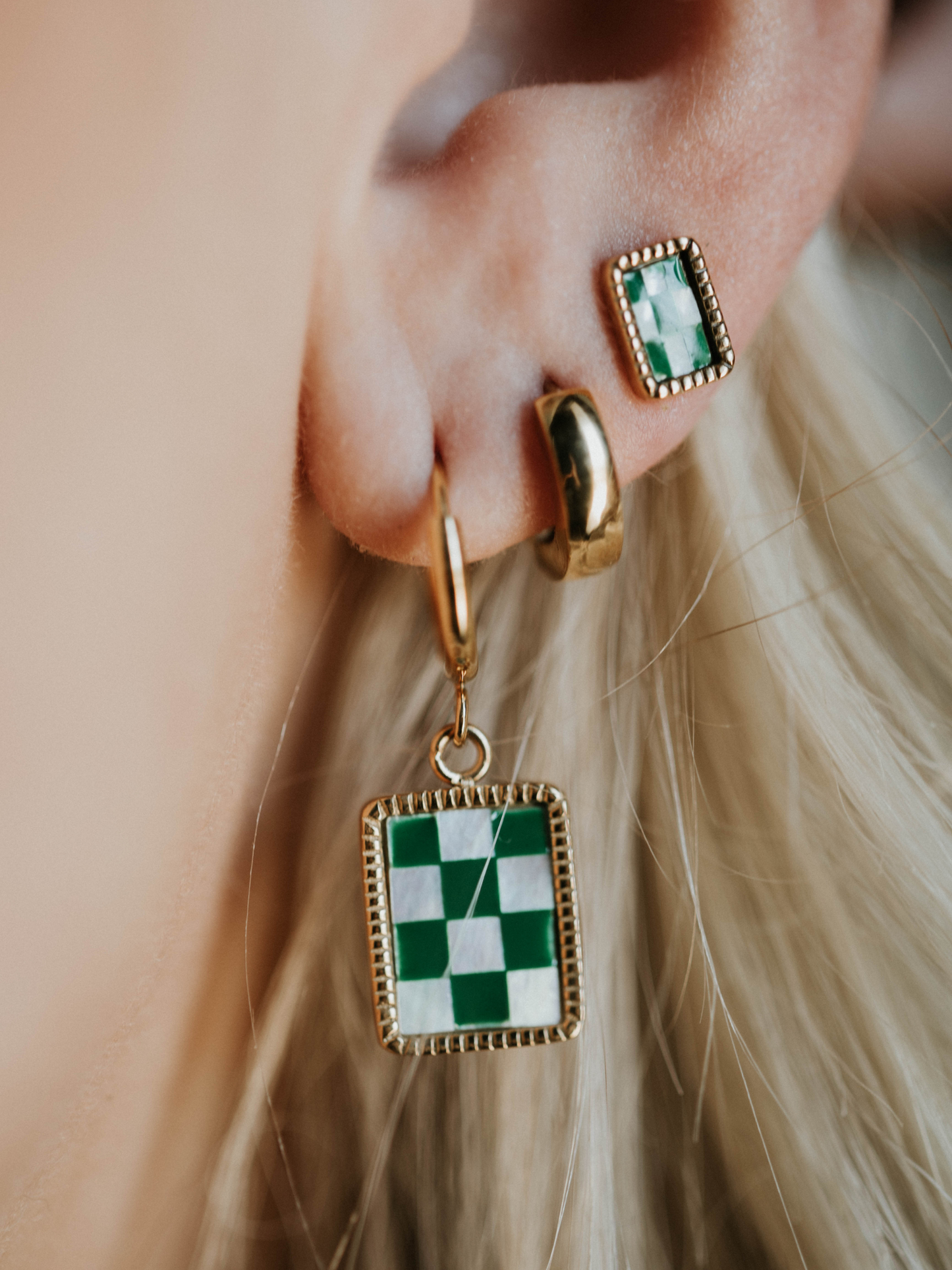 Green Checkered Hoops Earrings (18k gold)