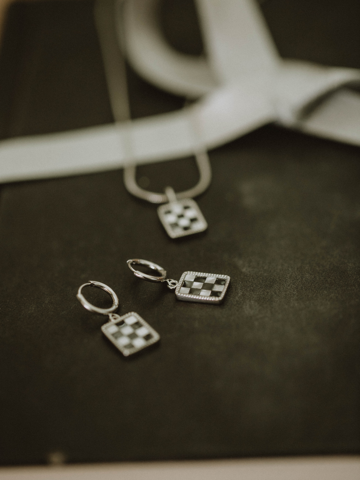 B&W Checkered Hoops Earrings - Silver