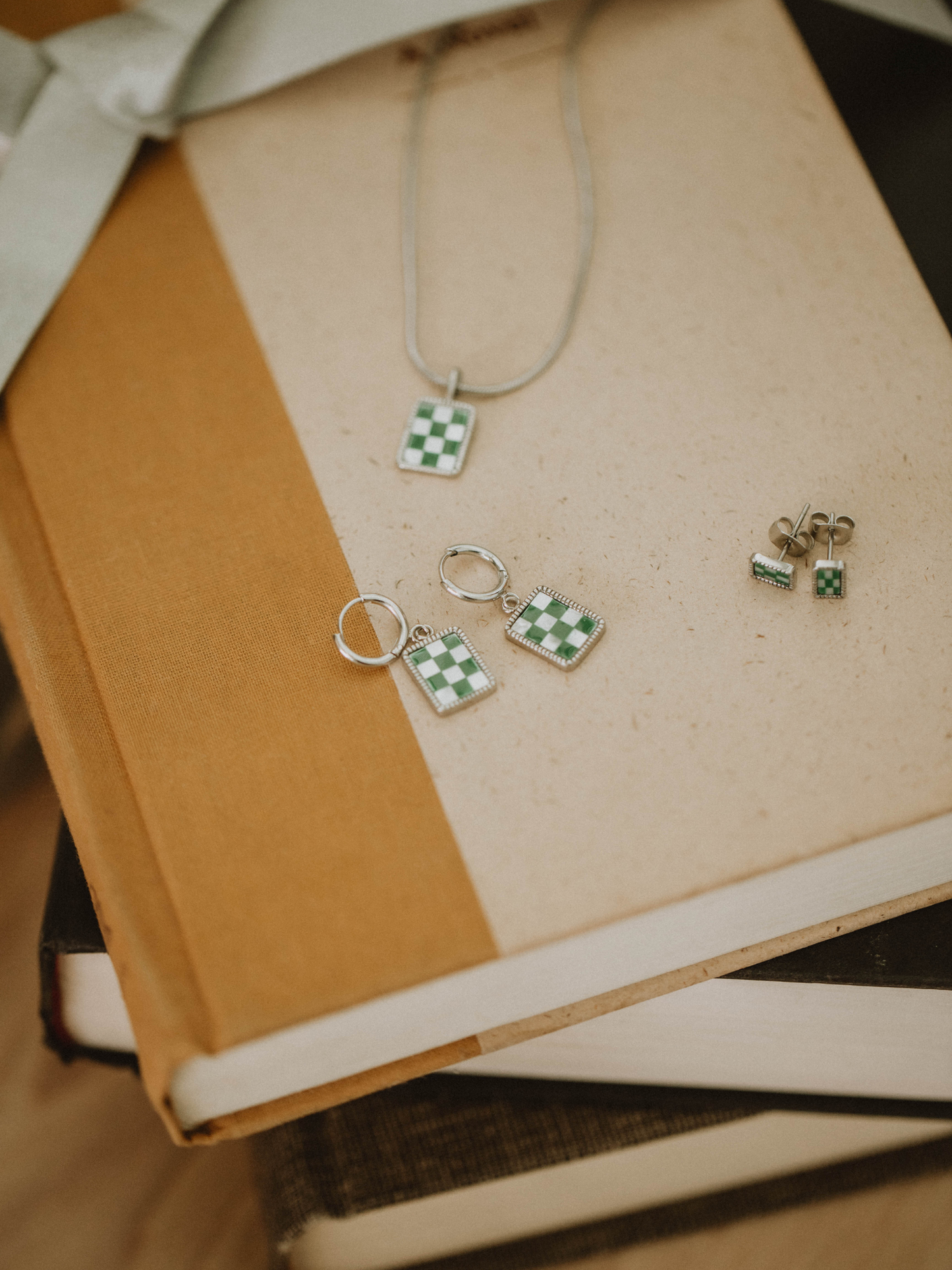 Green Checkered Studs Earrings- Silver