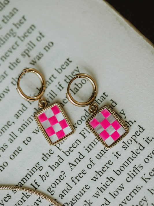 Barbie Pink Checkered Hoops Earrings (18k gold)