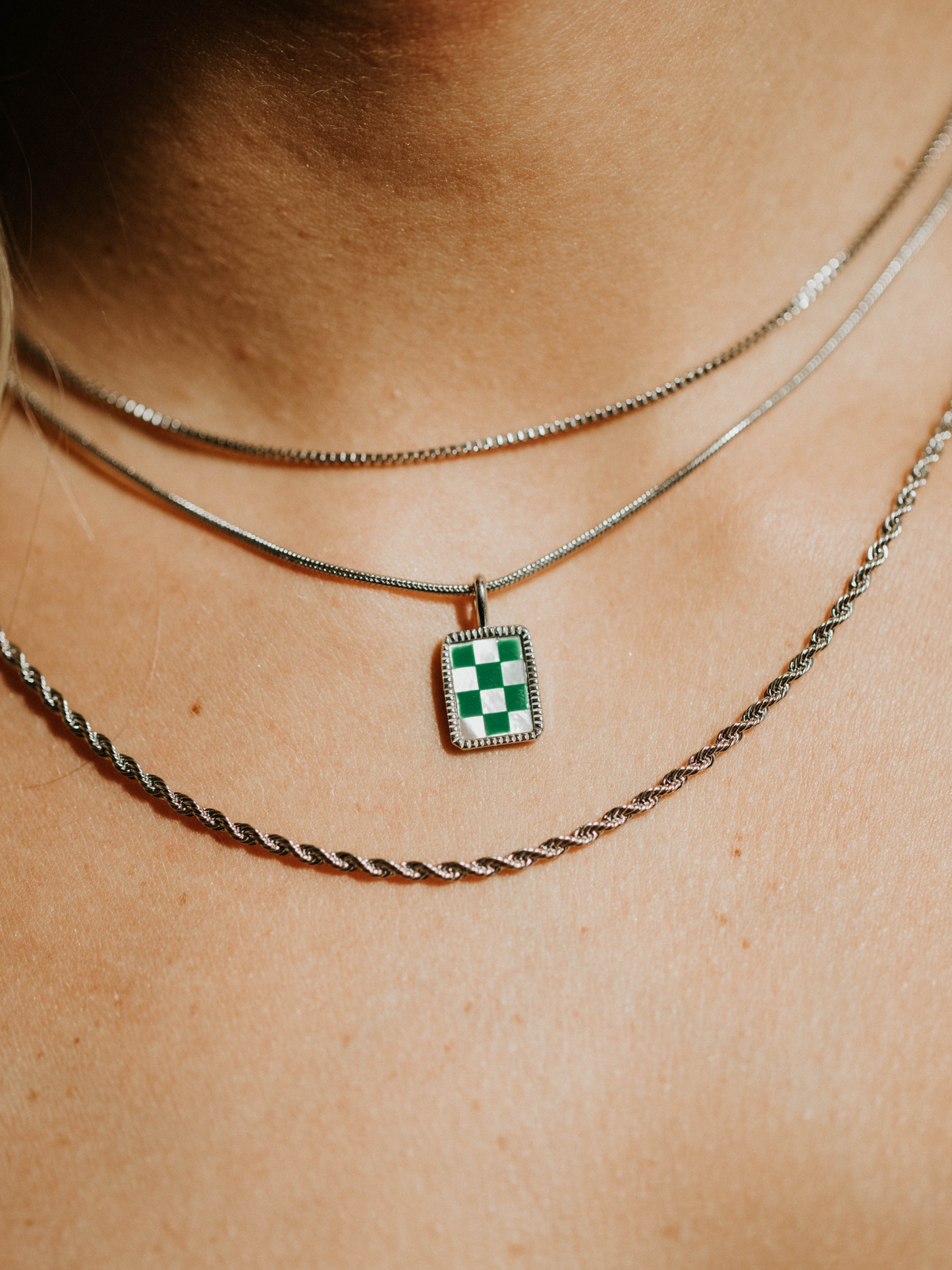 Green Checkered Necklace - Silver