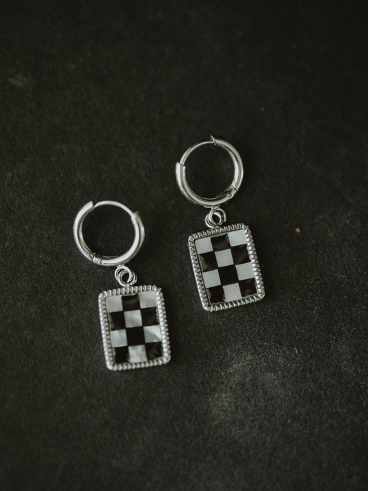 B&W Checkered Hoops Earrings - Silver