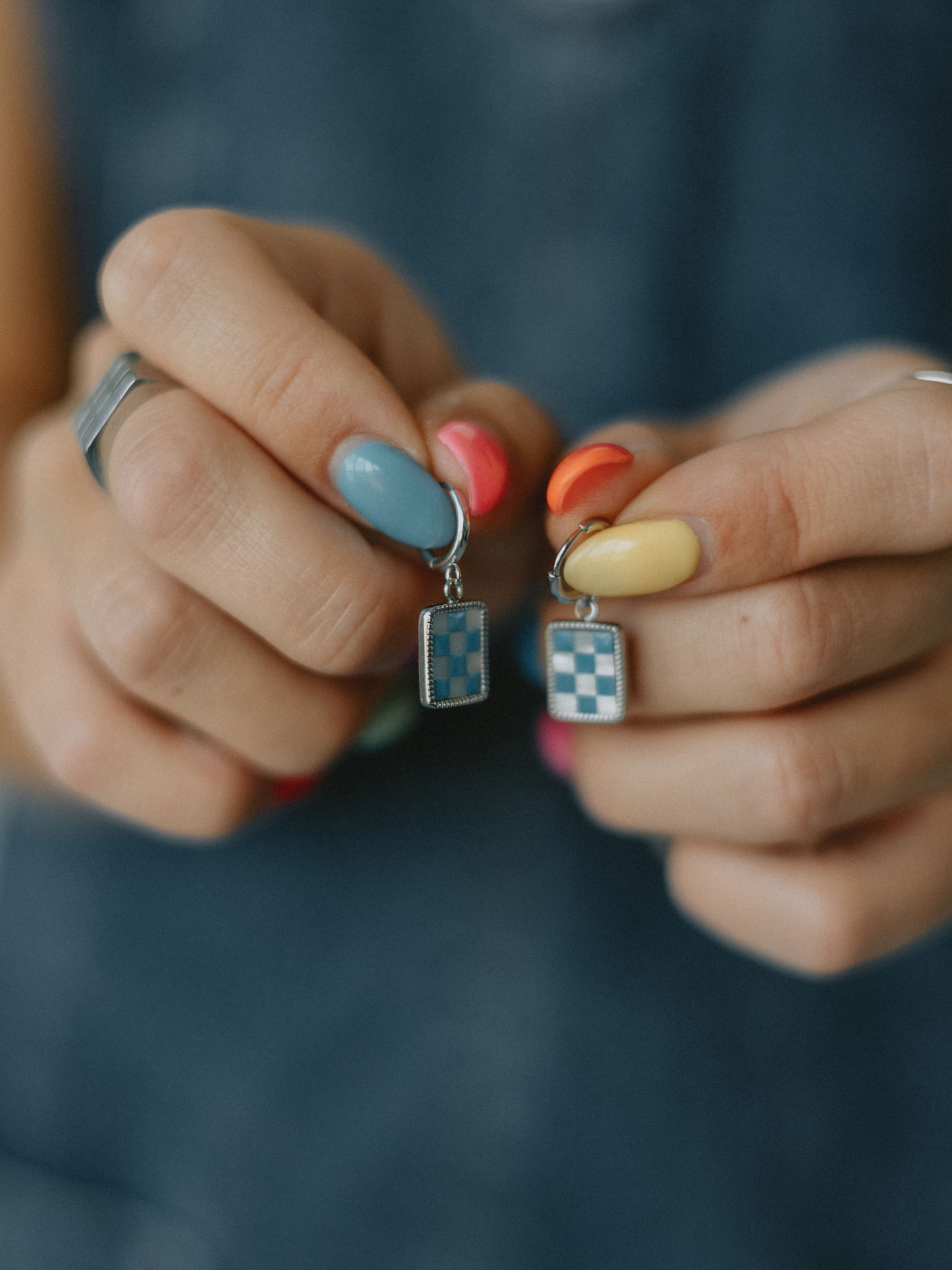 Blue Checkered Hoops (Silver)