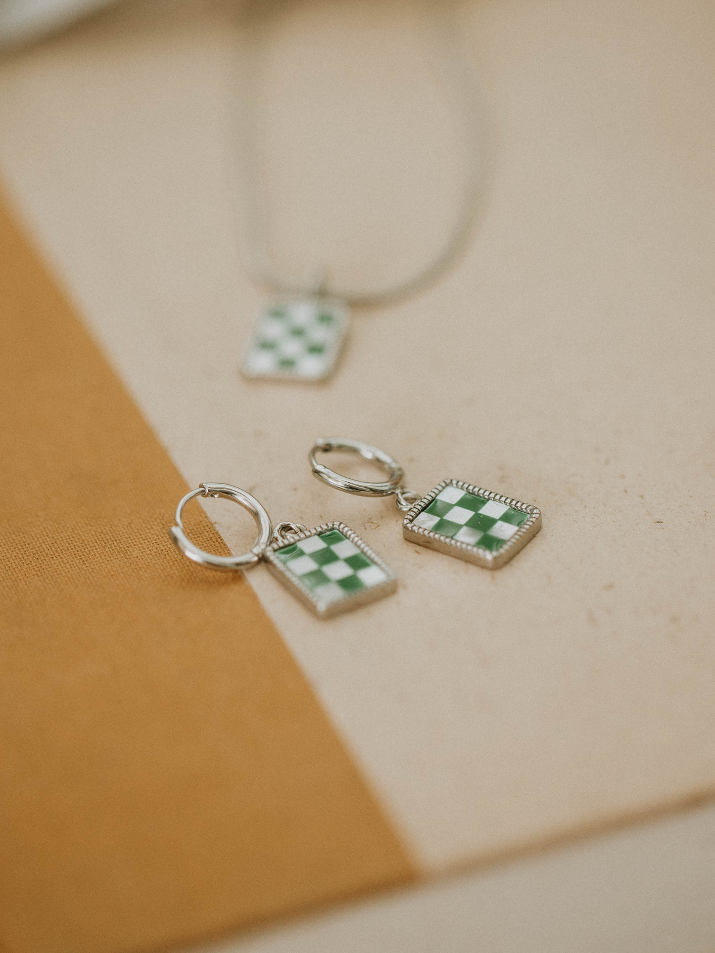 Green Checkered Hoops Earrings- Silver