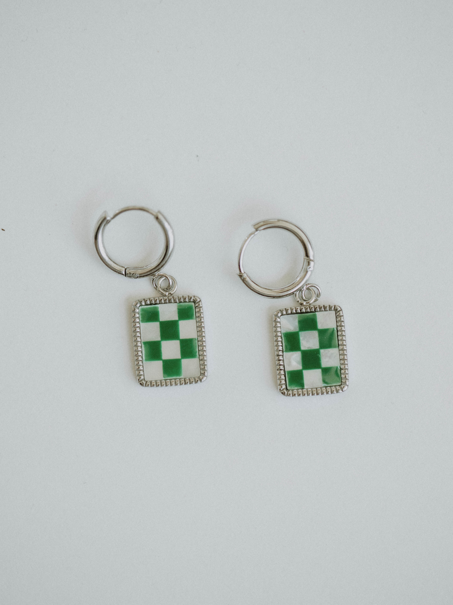 Green Checkered Hoops Earrings- Silver