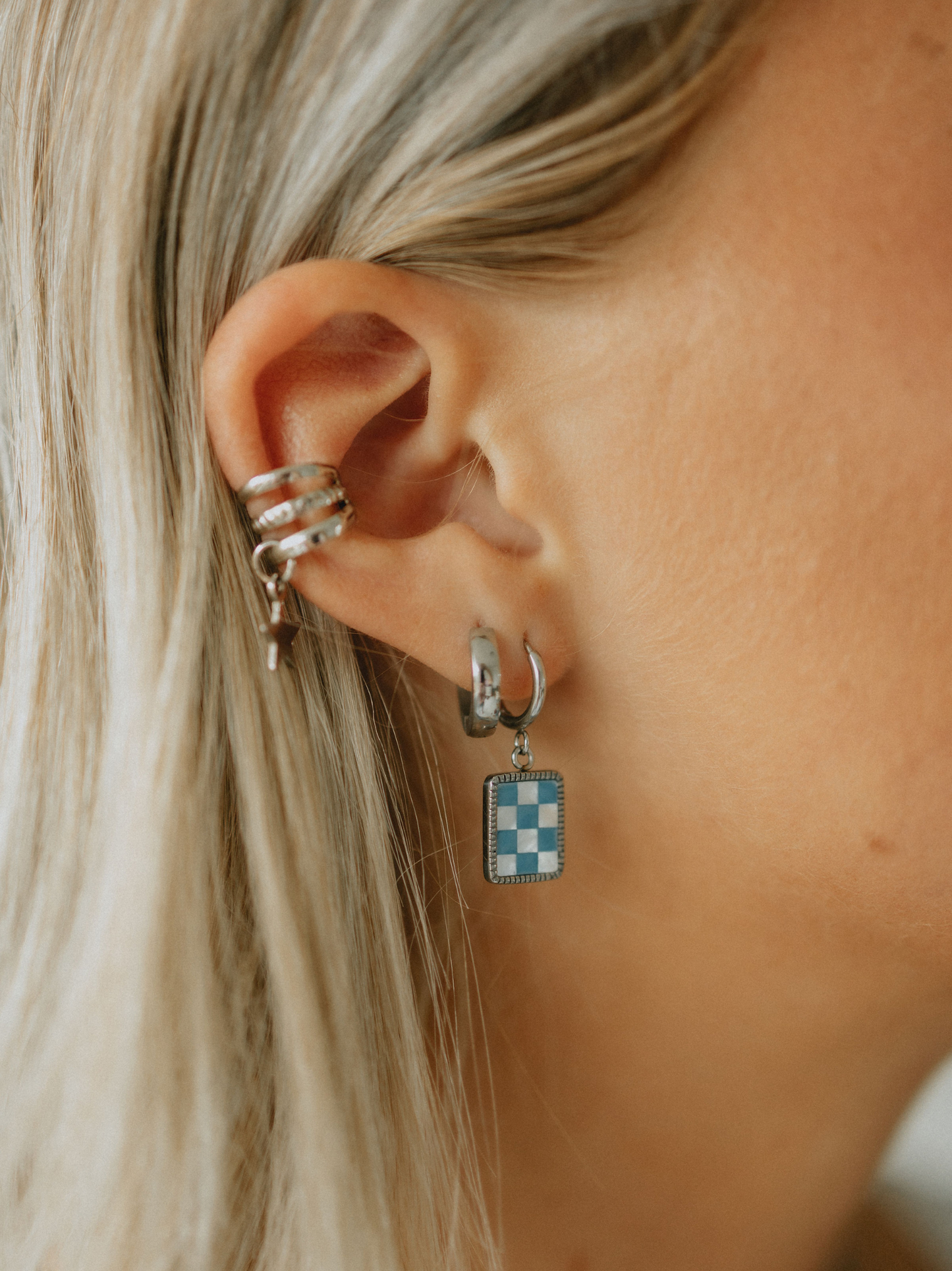 Blue Checkered Hoops (Silver)