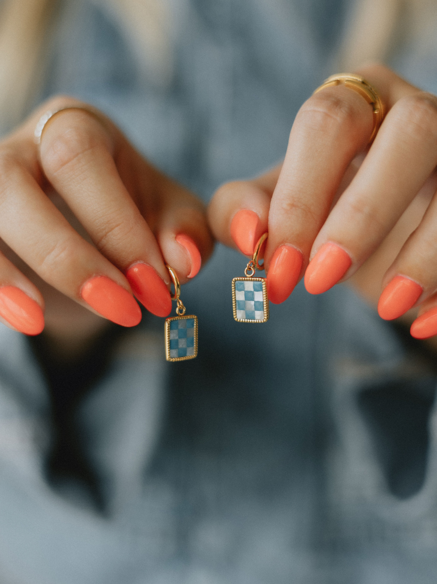 Blue Checkered Hoops (18k gold)