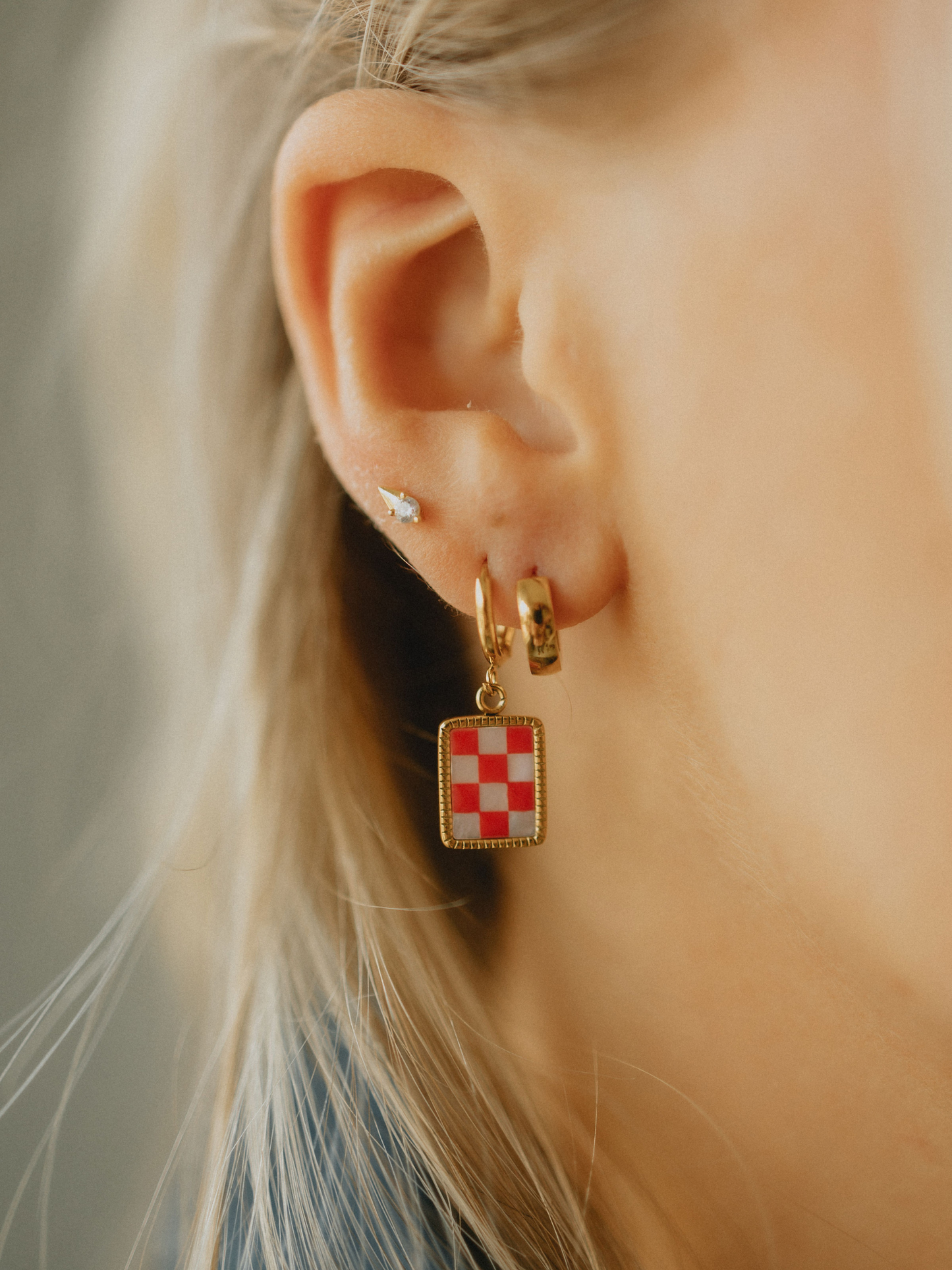 Red Checkered Hoops (18k Gold)