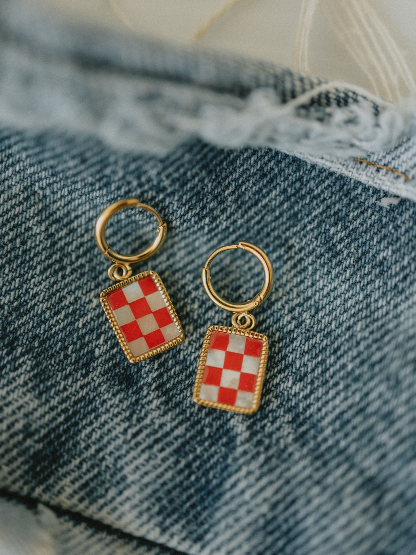 Red Checkered Hoops (18k Gold)